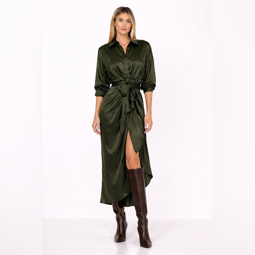 Divine Heritage Silk button up dress green